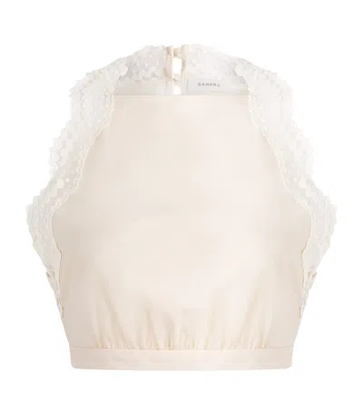 Sandro Paris Cotton Lace-trim Crop Top In Pink