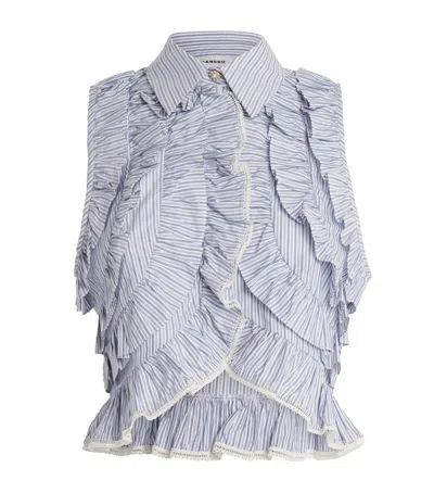 Sandro Paris Cotton Stripe Ruffled Shirt In Blue
