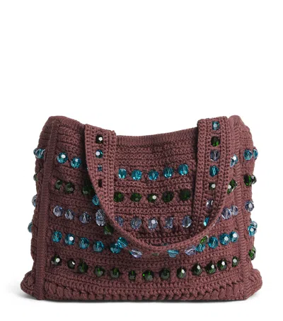 Sandro Paris Crochet Beaded Top-handle Bag In Brown