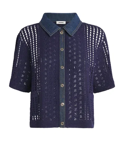 Sandro Paris Crochet Denim-trim Cardigan In Blue