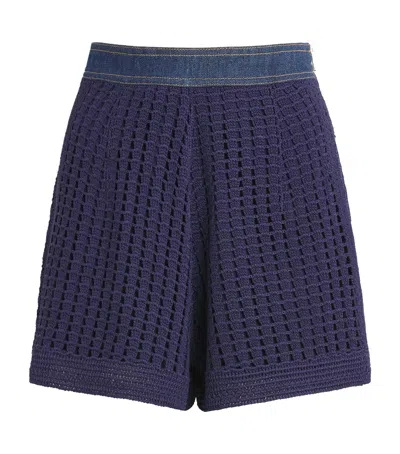 Sandro Paris Crochet Denim-trim Shorts In Blue
