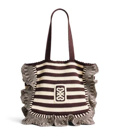 Sandro Paris Crochet Stripe Tote Bag In Beige