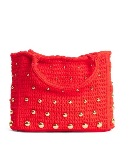Sandro Paris Crochet Studded Top-handle Bag In Red
