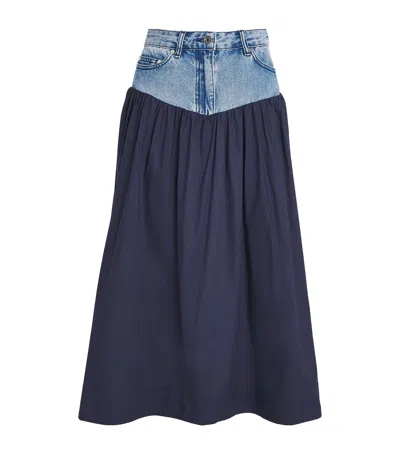 Sandro Paris Denim-poplin Hybrid Midi Skirt In Blue
