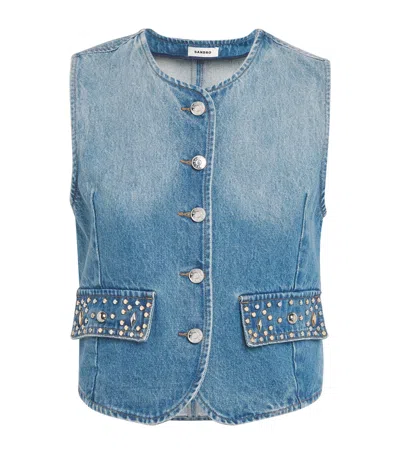 Sandro Paris Embellished Denim Waistcoat In Blue