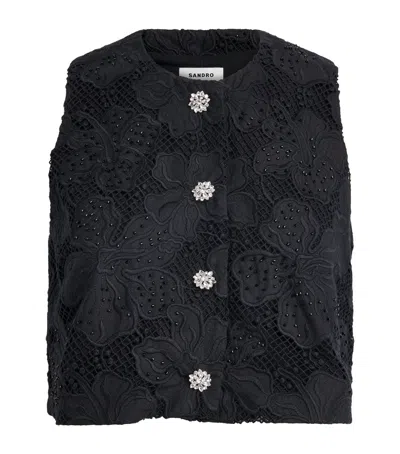 Sandro Paris Embroidered Guipure Top In Black
