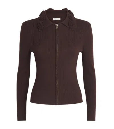Sandro Paris Floral-collar Zip-up Cardigan In Brown