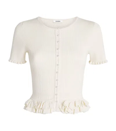 Sandro Paris Knit Ruffled Slim Cardigan In White
