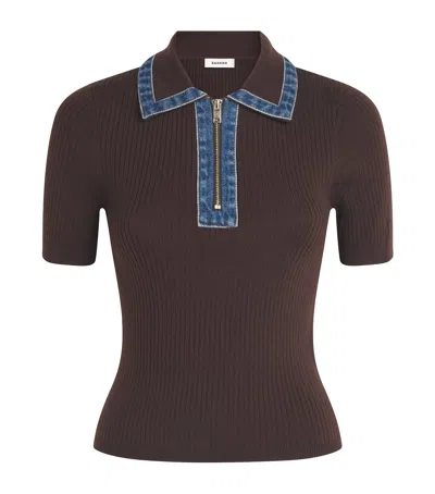 Sandro Paris Knitted Denim-collar Polo Shirt In Brown