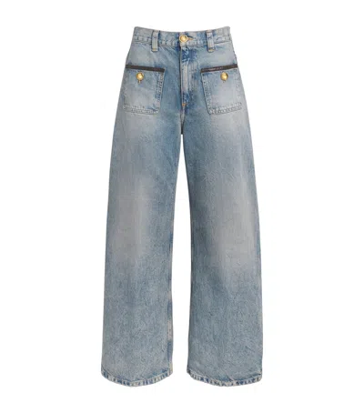 Sandro Paris Leather-trimmed Straight Jeans In Blue
