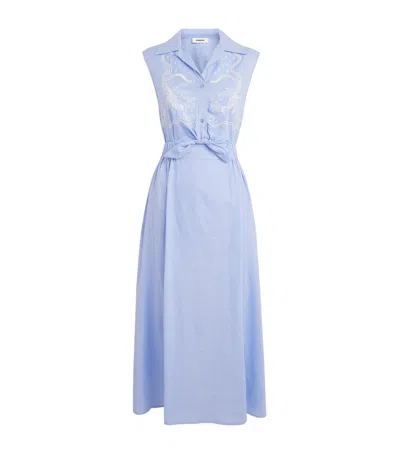 Sandro Paris Linen-blend Embroidered Maxi Dress In Blue