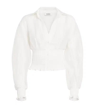 Sandro Paris Linen-blend Smocked Shirt In Beige