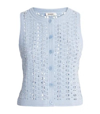 Sandro Paris Open-work Crochet Sleeveless Cardigan In Blue