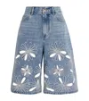Sandro Paris Open-work Embroidered Denim Shorts In Blue