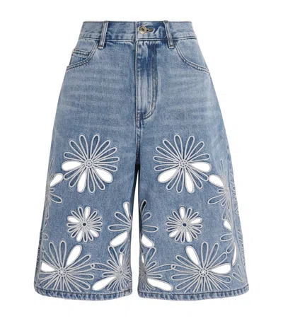 Sandro Paris Open-work Embroidered Denim Shorts In Blue