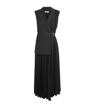 Sandro Paris Pleated Wrap-around Midi Dress In Black