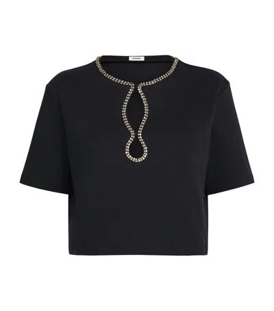 Sandro Paris Rhinestone-embellished Cropped T-shirt In Black