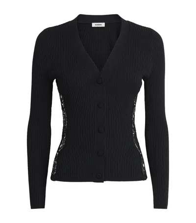 Sandro Paris Ribbed Lace-trim Cardigan In Black