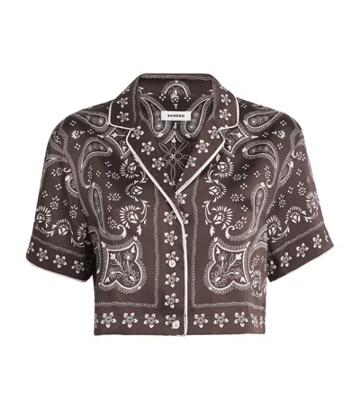 Sandro Paris Satin Bandana Cropped Shirt In Brown