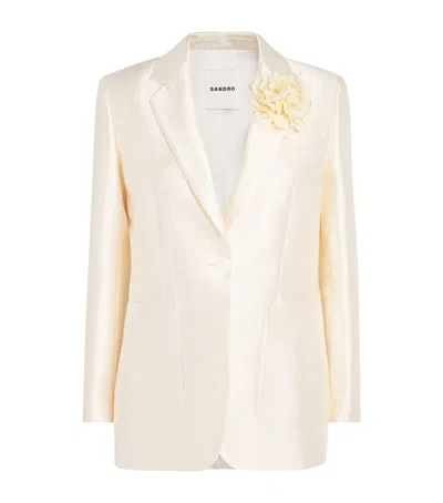 Sandro Paris Satin Flower-corsage Blazer In Beige