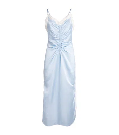 Sandro Paris Satin Lace-detail Midi Dress In Blue