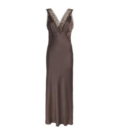 Sandro Paris Satin Lace-trim Maxi Dress In Brown