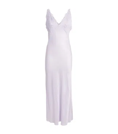 Sandro Paris Satin Lace-trim Maxi Dress In Purple