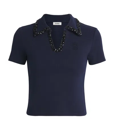 Sandro Paris Stretch-cotton Embellished Polo Top In Blue
