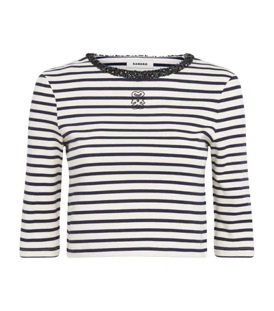 Sandro Paris Stretch-cotton Stripe Crop Top In Blue