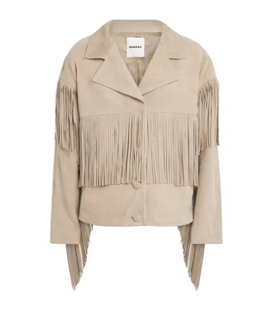 Sandro Paris Suede Fringed Jacket In Beige
