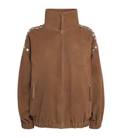 Sandro Paris Suede Studded Bomber Jacket In Beige