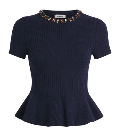Sandro Paris Wool-blend Embellished Sweater In Blue