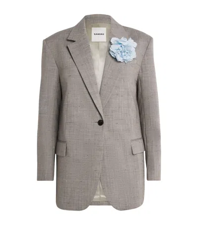 Sandro Paris Wool-blend Floral-brooch Blazer In Beige