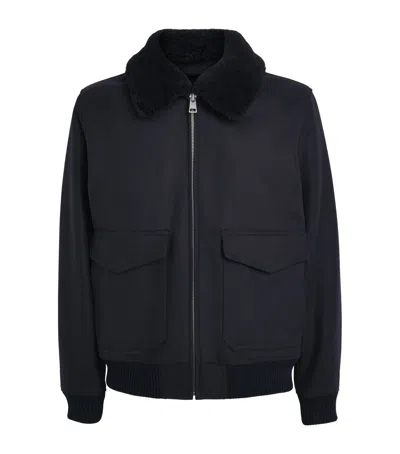 Sandro Paris Wool-blend Shearling Collar Aviator Jacket In Black