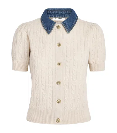Sandro Paris Wool-cashmere Denim-collar Cardigan In Yellow
