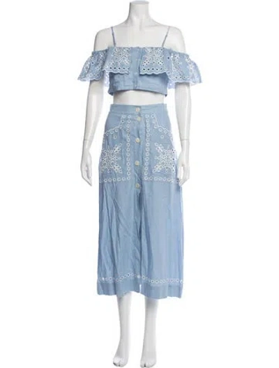 Pre-owned Sandro Patterned Eyelet Trim Skirt Set W/ Tags In Blue