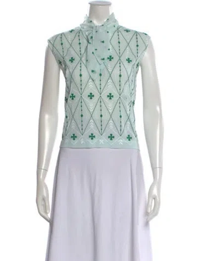 Pre-owned Sandro Patterned Tie Neck Top In Blue