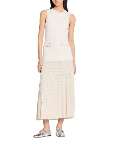 Sandro Pearl Bead Knit Maxi Dress In Ecru