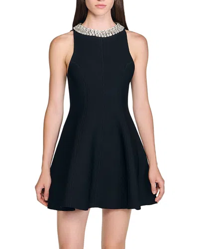 Sandro Womens Black Crystal-embellished Sleeveless Knitted Mini Dress