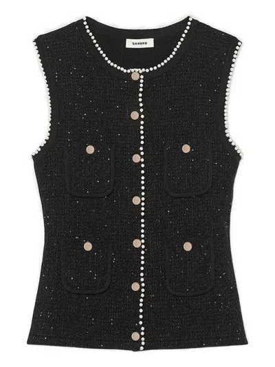 Sandro Pearl-trimmed Tweed Waistcoat In Black