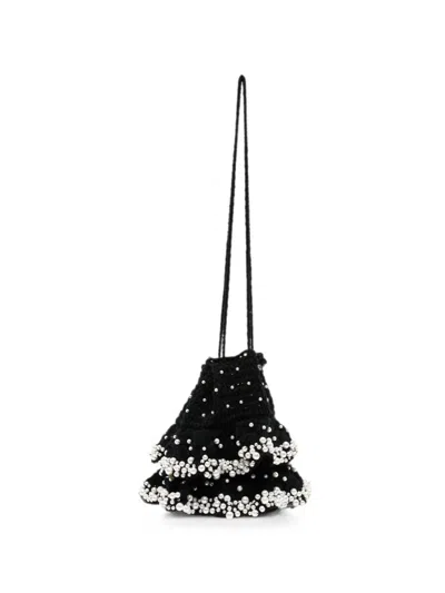 Sandro Pearl-embellished Crochet Bucket Bag In Black