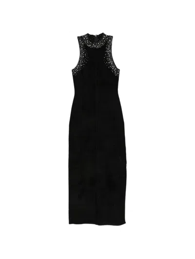 Sandro Pearl-embellished Knitted Dress In Black