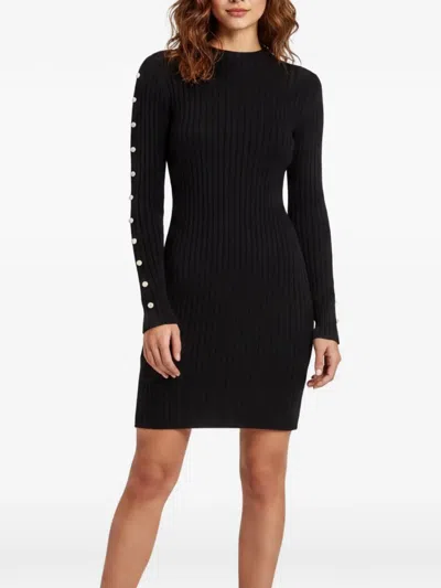Pre-owned Sandro Pearl-embellished Rib-knit Mini Dress In Black
