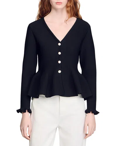 Sandro Womens Black Peplum Button-down Knitted Cardigan