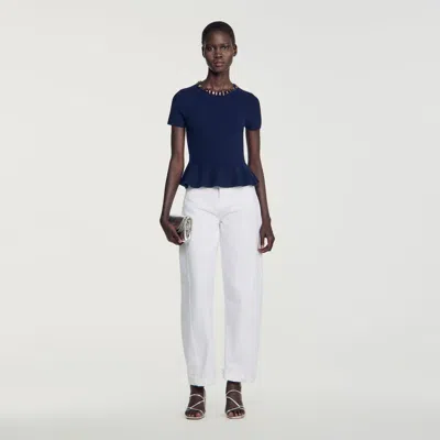 Sandro Peplum Sweater With Rhinestone Neckline In Blue