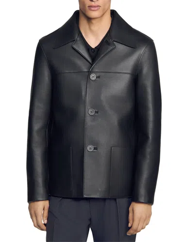 Sandro Philip Buttoned Lambskin Jacket In Blue