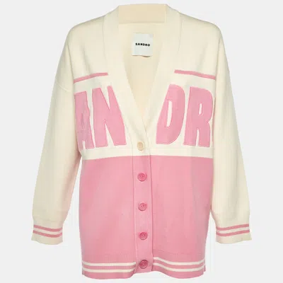 Pre-owned Sandro Pink & Cream Knit Button Front Cardigan S