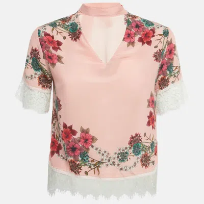 Sandro Pink Floral Print Silk Lace Trim Detail Top