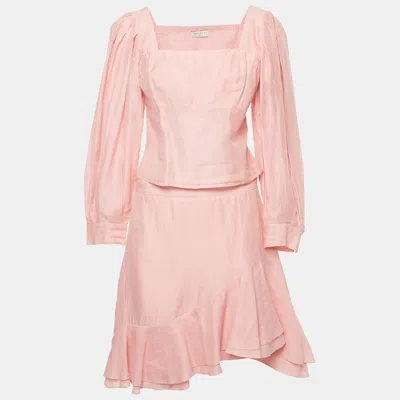 Pre-owned Sandro Pink Linen Ruffled Top And Skirt Set L