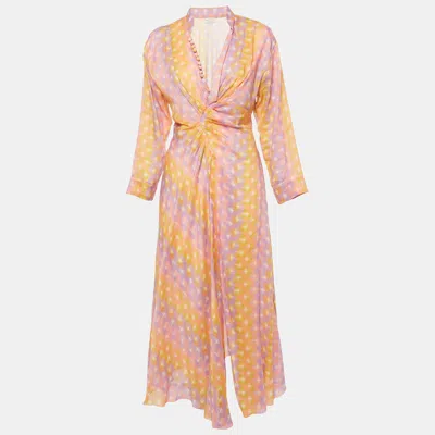 Pre-owned Sandro Pink Printed Silk Blend Crossover V-neck Midi Dress M